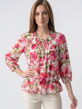 Jones New York Floral Tie-Neck Blouse in Pink, Green and White